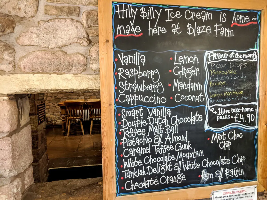 ice cream menu at Blaze farm