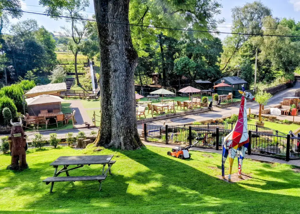 The Little Mill, Rowarth, beer garden with playground