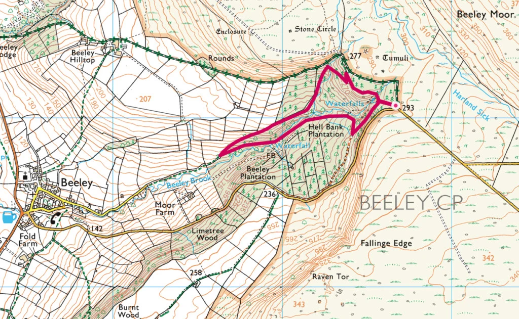 Beeley woods walk OS Map, Peak District 