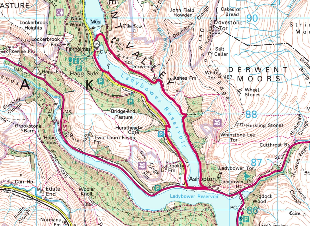 Ladybower Reservoir walk OS Map