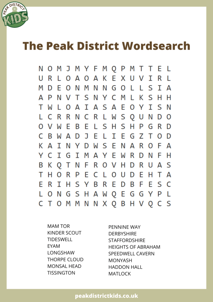Peak District activity sheet word search