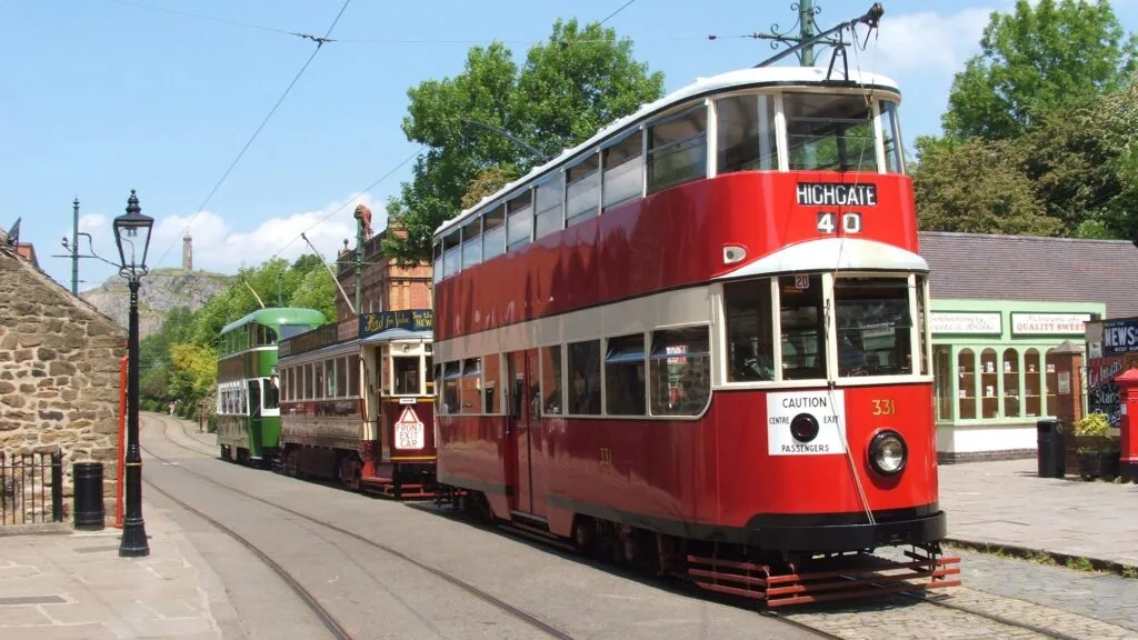 red tram at Crich Tramway Village