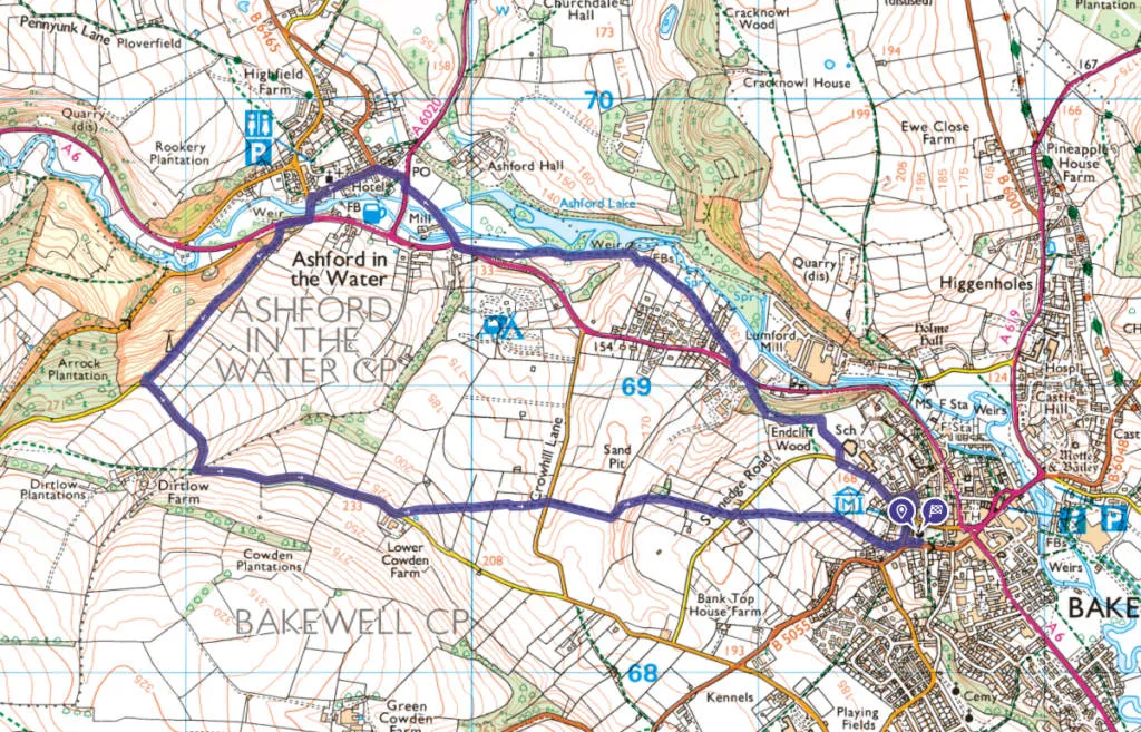Bakewell to Ashford-in-the-Water walk OS map