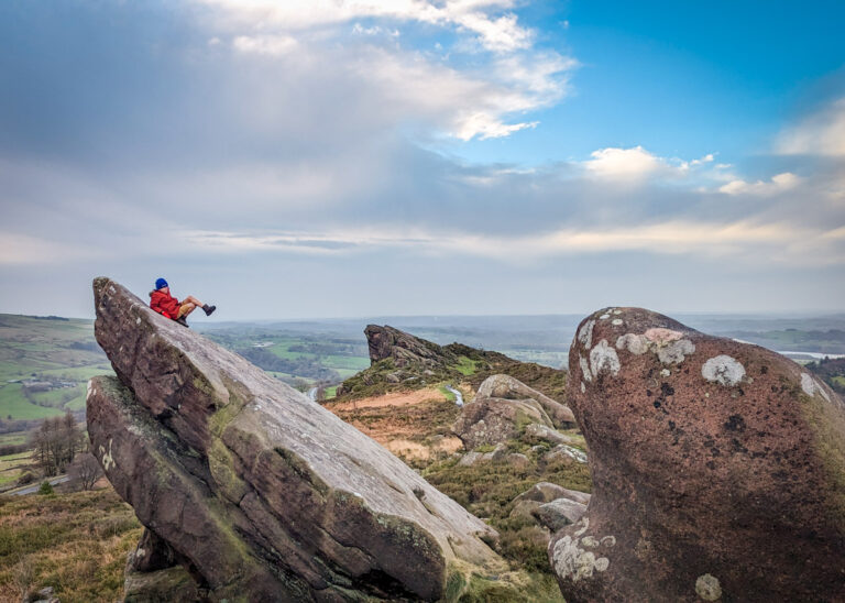 Climbing boulders at Ramshaw Rocks